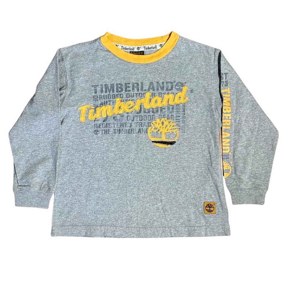 VINTAGE Timberland Boy’s Casual Graphic Gray Yellow Crewneck Long Sleeve T-Shirt
